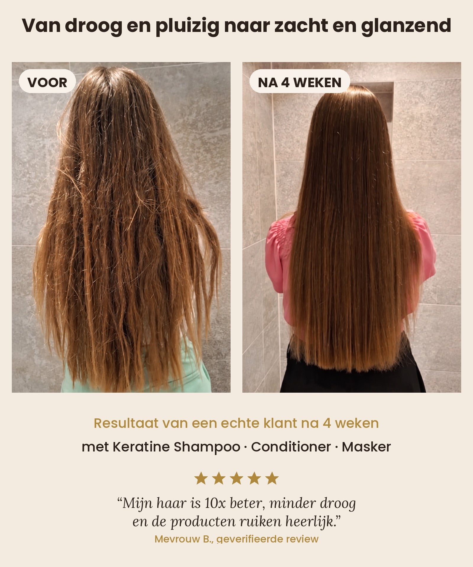Voor en na 4 weken Al Bahri keratine-ritueel: van droog en pluizig naar zacht en glanzend
