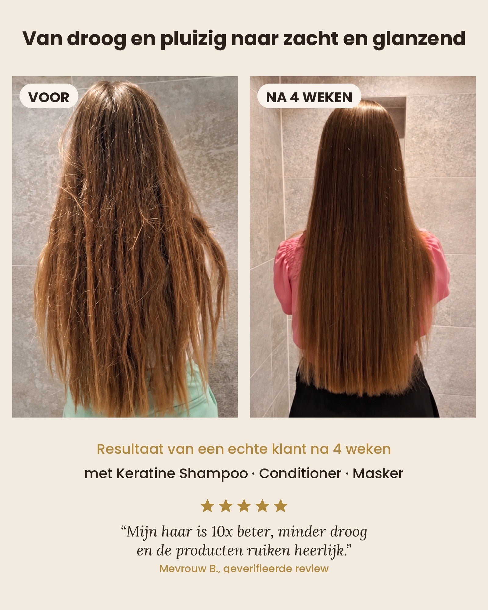 Voor en na 4 weken Al Bahri keratine-ritueel: van droog en pluizig naar zacht en glanzend