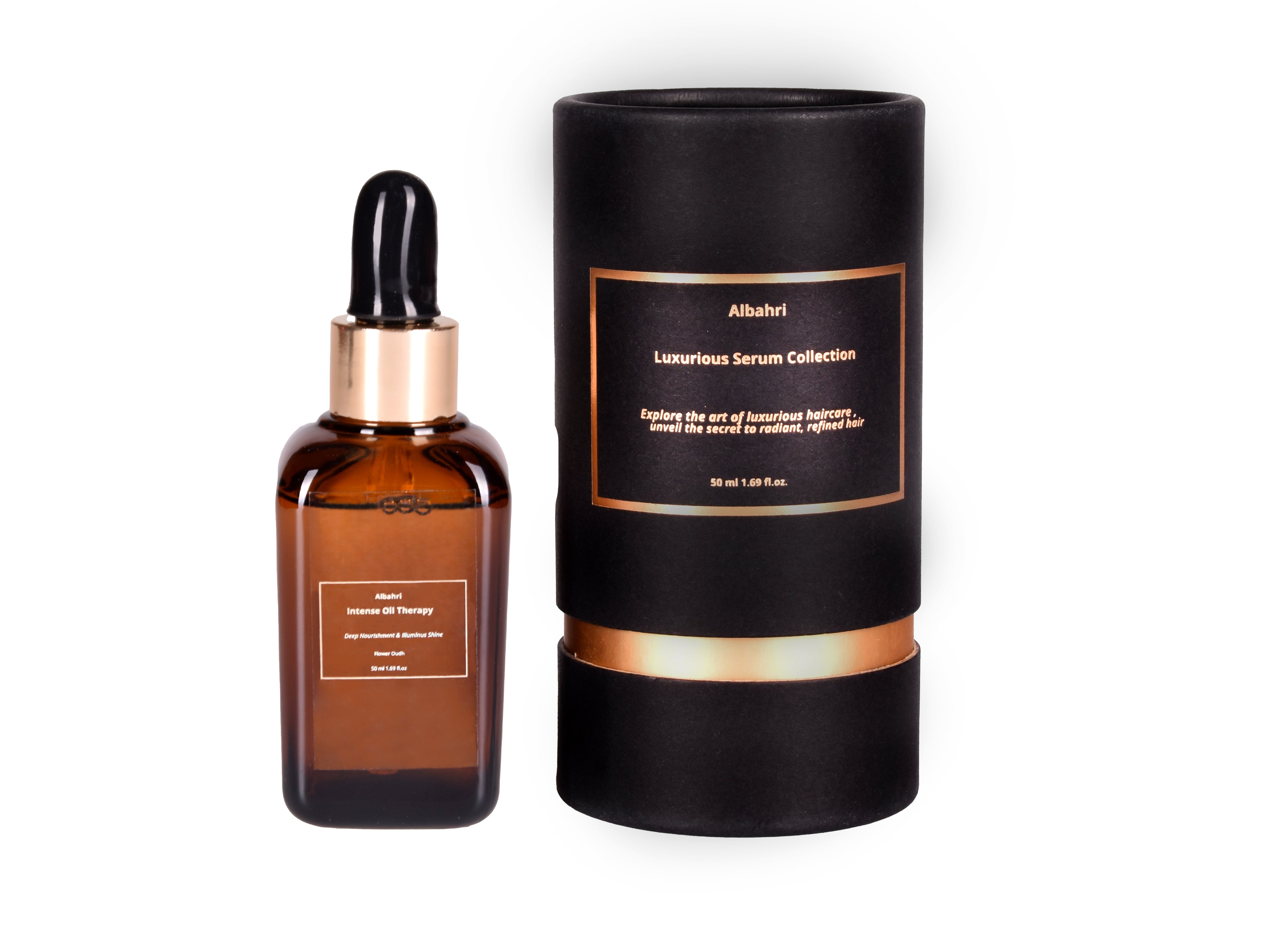 Luxury hair serum bottle with dropper and black packaging for hair care